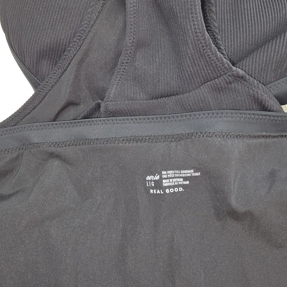 Aerie One Piece Swimsuit Size L Ribbed Mix Crossover Cut Out Black V-neck Womens